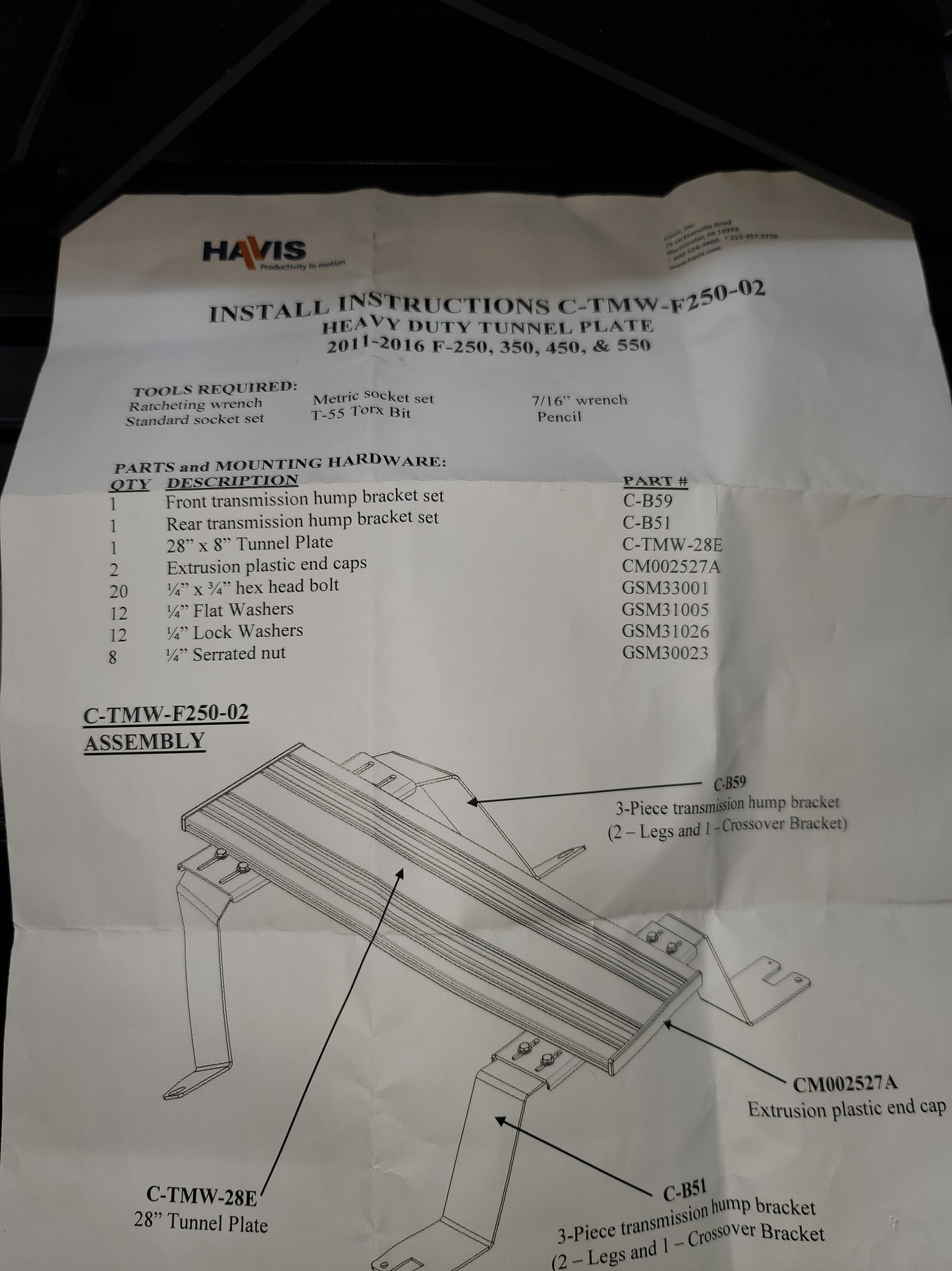 Havis C-TMW-F250-02 Tunnel Mount Assembly for 2011-2016 Ford F250-F550 Pickup Trucks